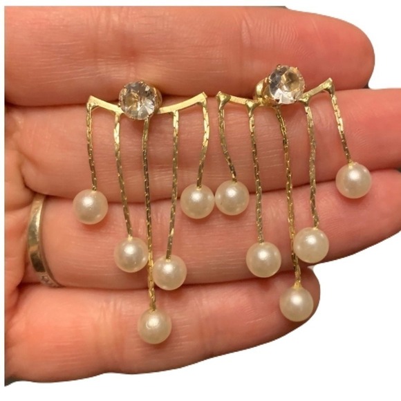 Pearl Dangle Earrings with Rhinestone Studs Gold Tone Fashion Jewelry - Picture 2 of 2